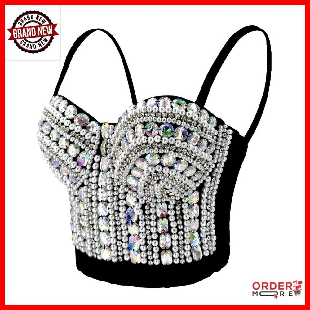 Diamond Pearl Rhinestone Bustier Crop Top Corset Tube Sexy Elegant Party Wear